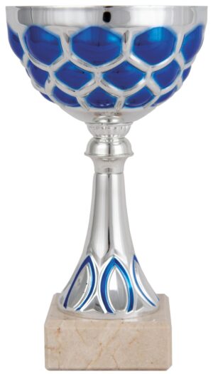 Copa de participación topo con fondo de hoja plata y azul