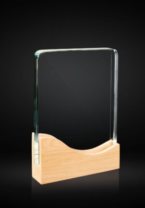 Trofeo de cristal con ondas y base de madera