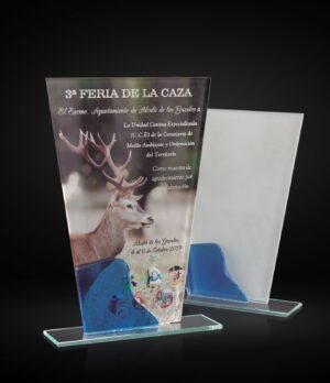 Trofeo de cristal mate rectangular con onda azul