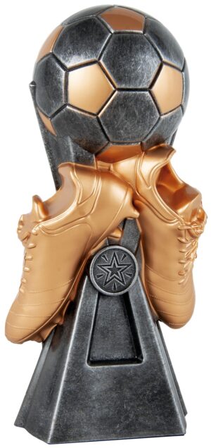 Trofeo de resina con botas y balón en grafito y oro