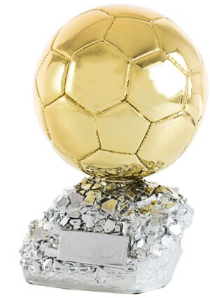 Trofeo de resina balón dorado sobre pedestal plateado