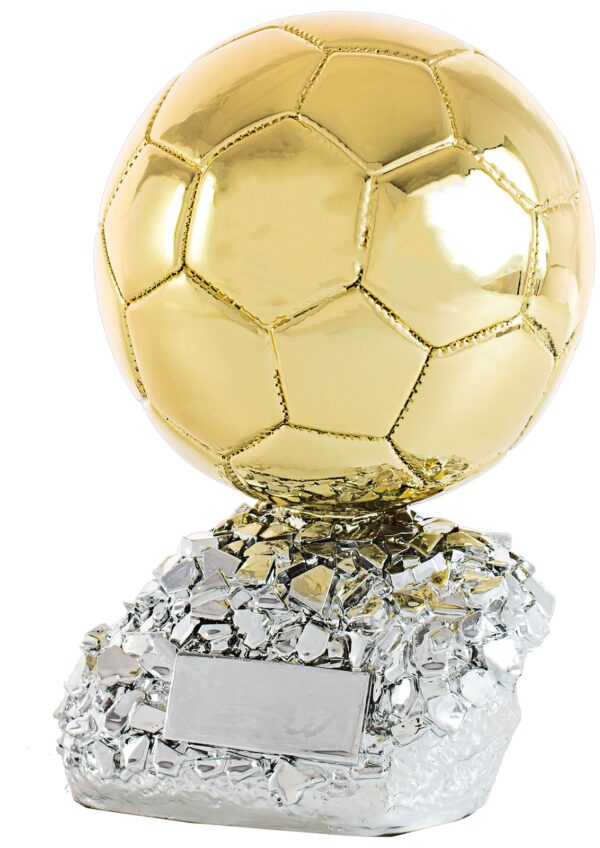 Trofeo de resina balón dorado sobre pedestal plateado