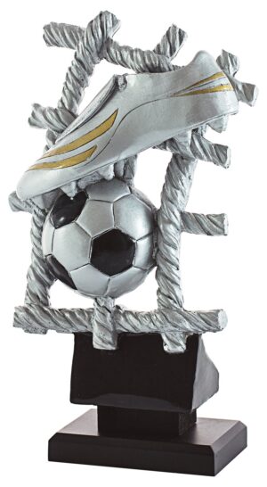 Trofeo de resina fútbol con bota, balón y fondo de red