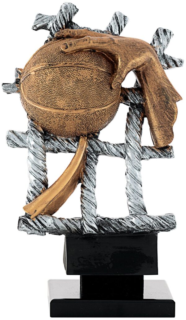 Trofeo de resina baloncesto con red, mano y balón