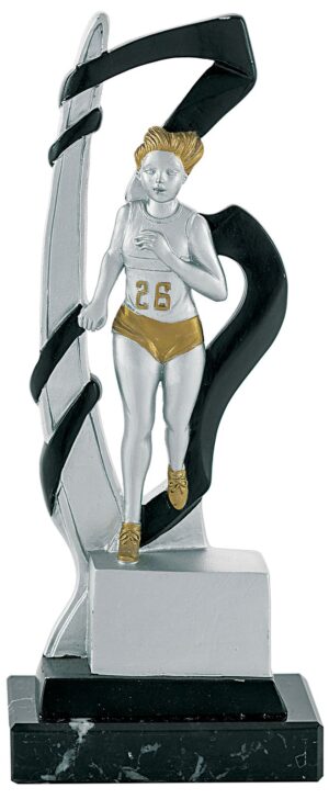 Trofeo de resina cross femenino onda negra y oro