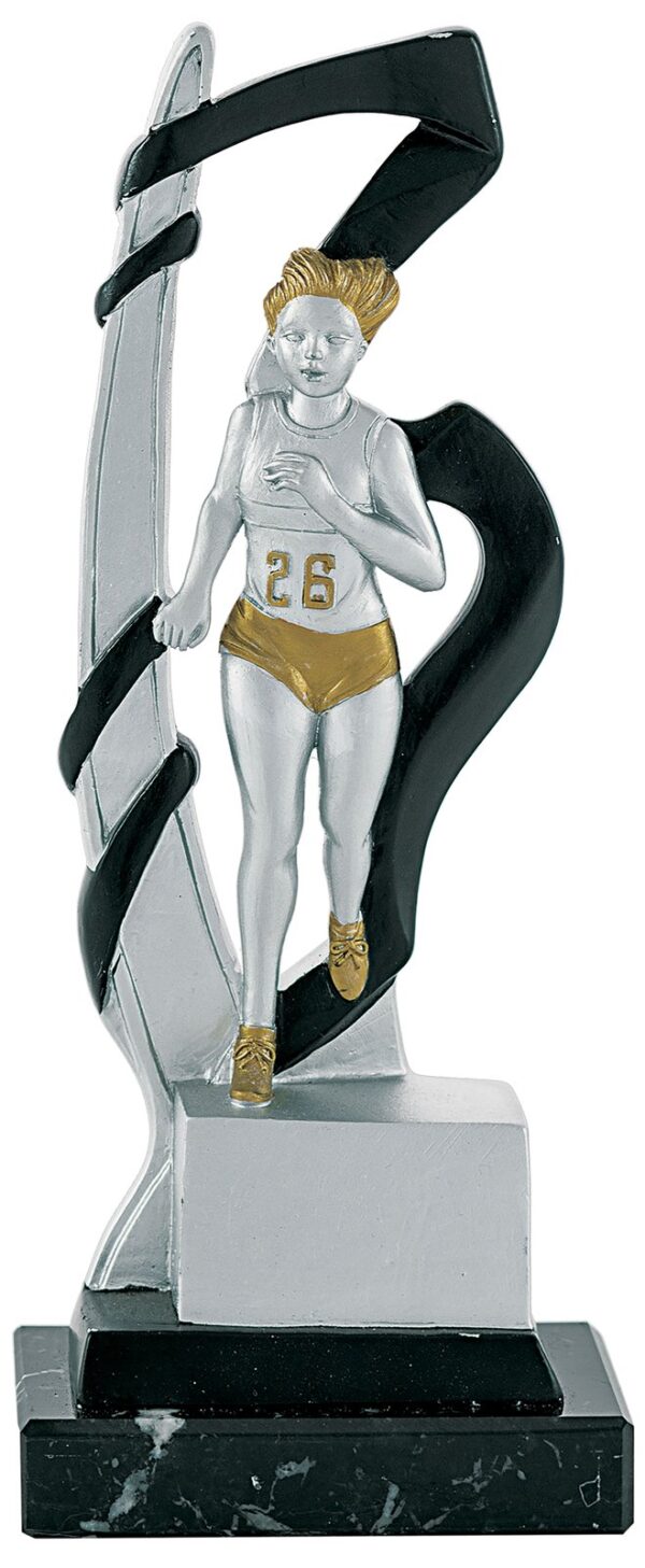 Trofeo de resina cross femenino onda negra y oro