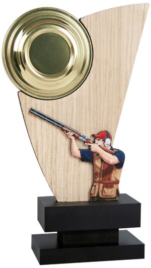 Trofeo de resina tiro al plato con fondo de madera