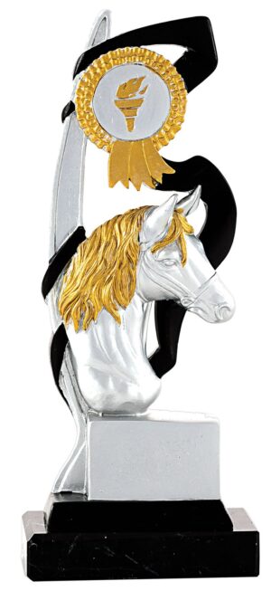 Trofeo de resina cabeza de caballo onda negra y oro