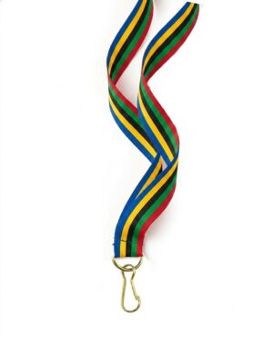 Cinta para medallas azul, amarilla, negra, verde y roja con gancho